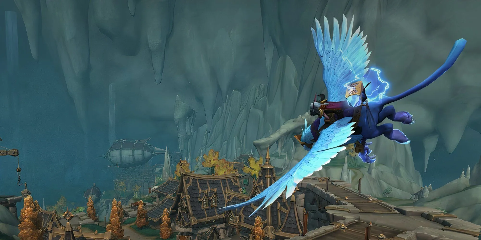 Hình ảnh quảng bá World of Warcraft The War Within với một sinh vật có cánh bay trên thị trấn, minh họa cho thế giới game WoW.