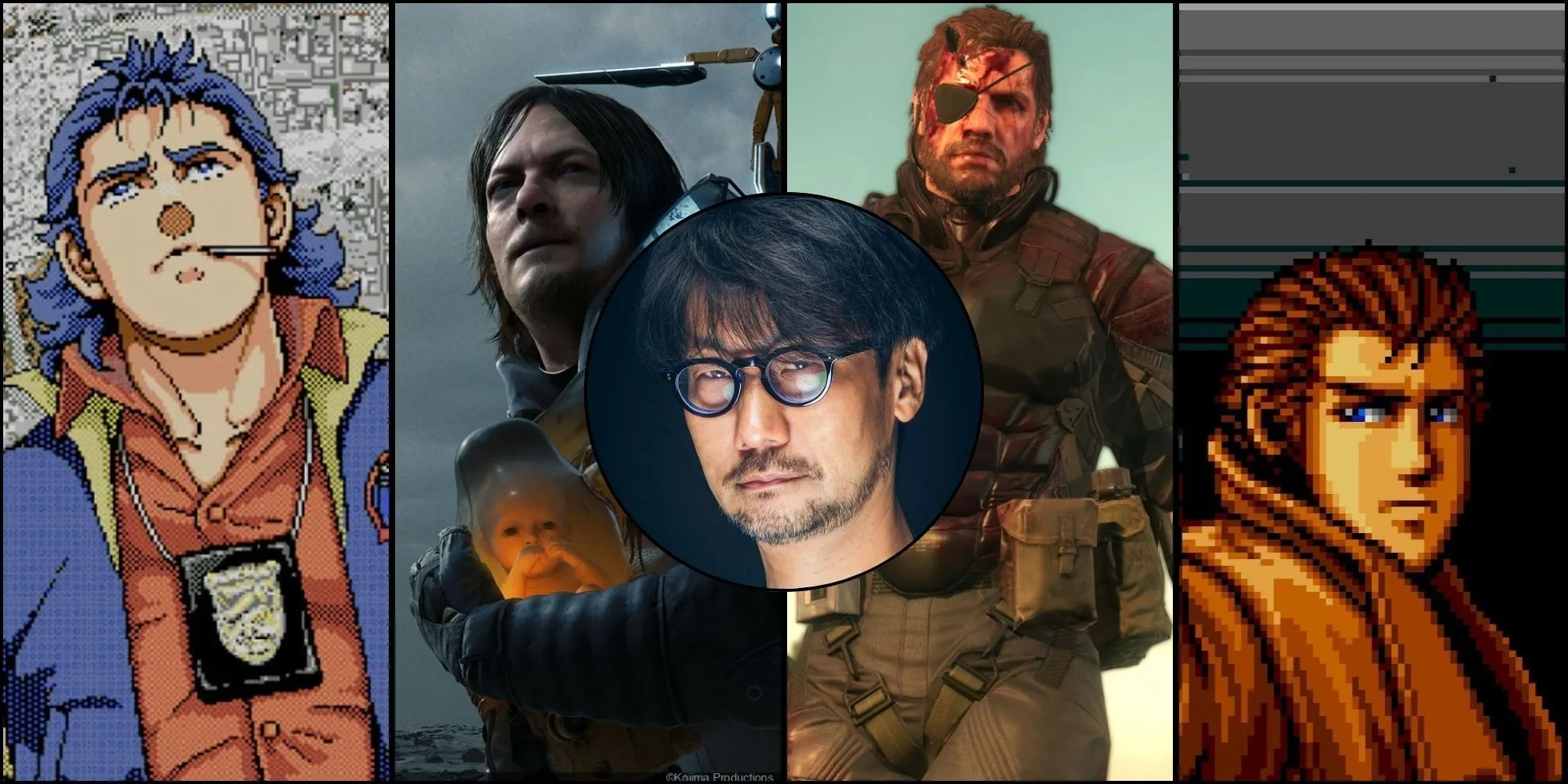 Hình ảnh tổng hợp các game nổi tiếng của Hideo Kojima như Metal Gear Solid, Death Stranding, Snatcher