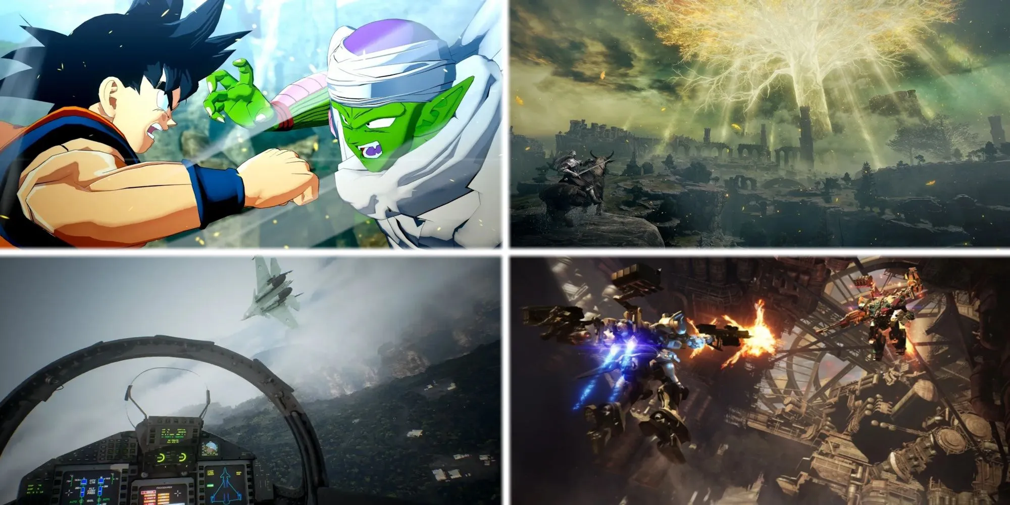 Hình ảnh tổng hợp các tựa game nổi tiếng của Bandai Namco như Elden Ring, Tekken 8, Armored Core 6 và Ace Combat 7