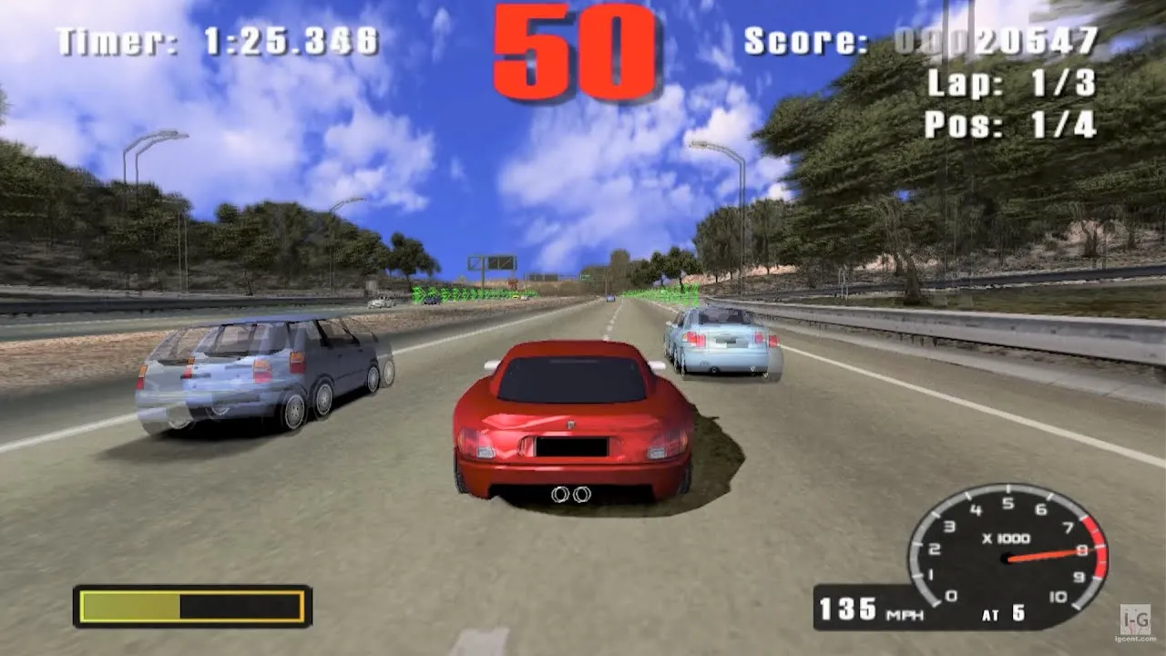 Hình ảnh trong game Burnout đời đầu với chiếc xe đỏ đang đua