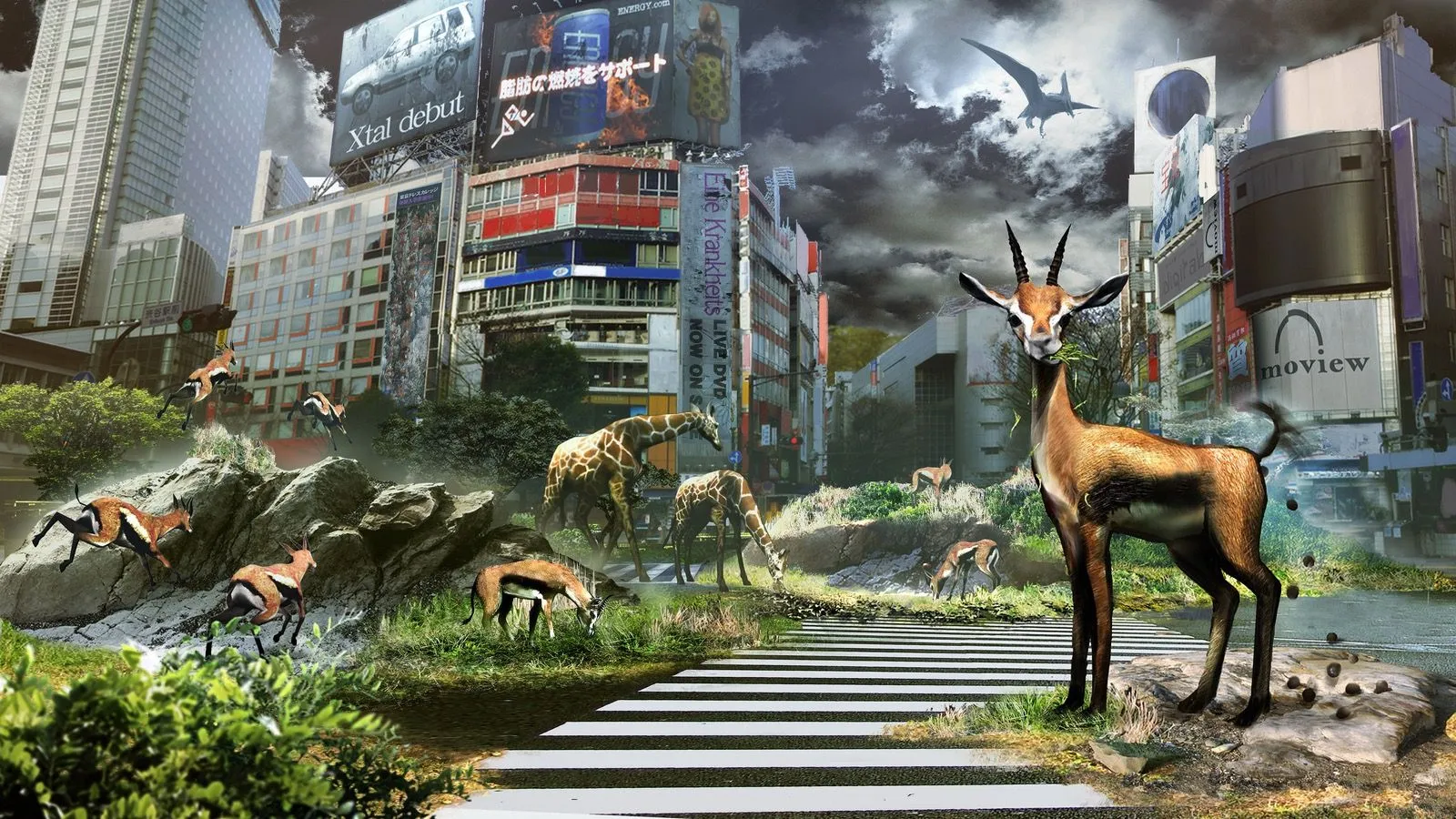Hình minh họa nghệ thuật của game Tokyo Jungle, với hình ảnh các loài động vật hoang dã như sư tử, chó, và gà đi lại trên đường phố Tokyo vắng bóng người