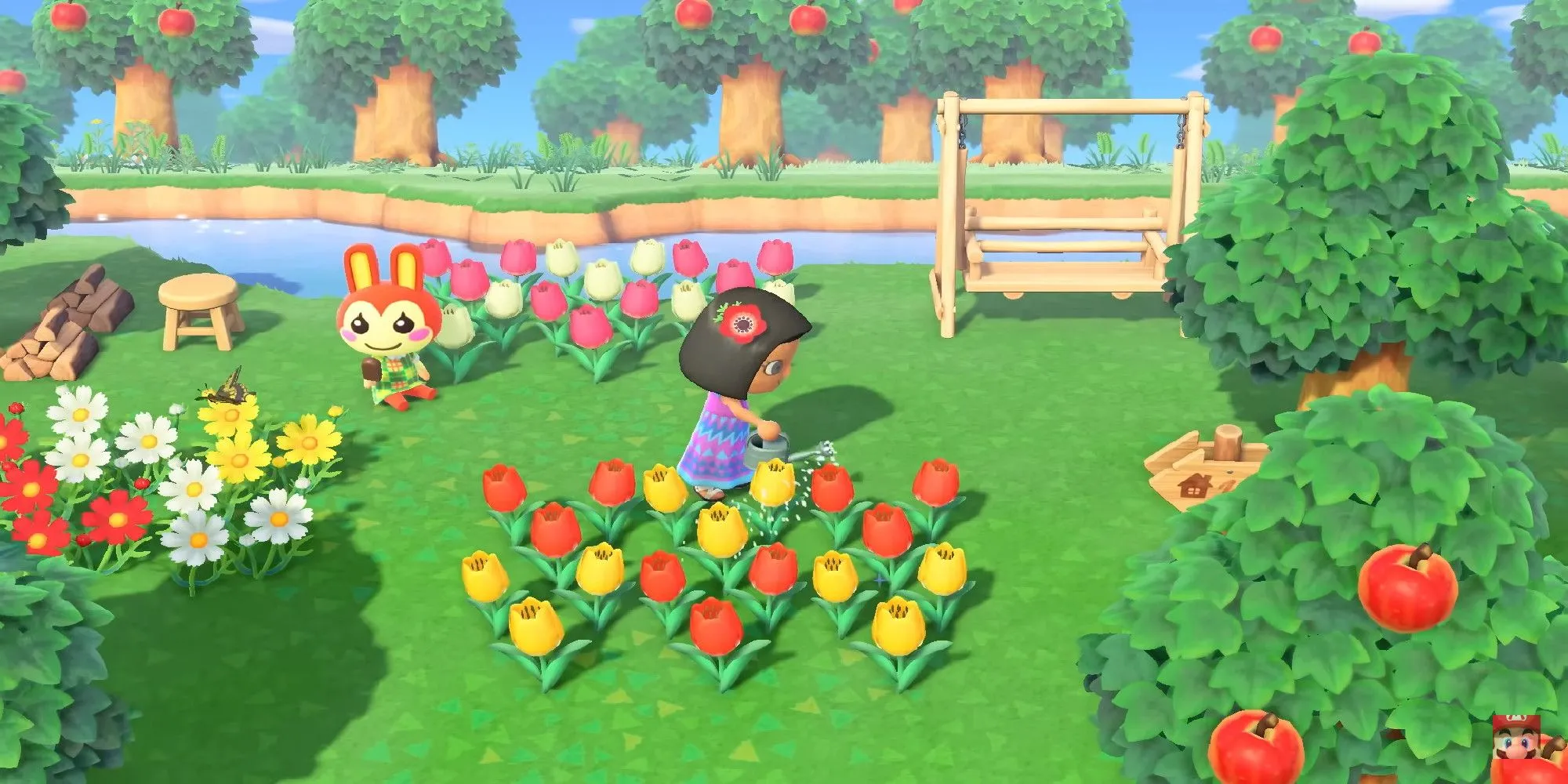 Hòn đảo trong Animal Crossing New Horizons với nhân vật đang tưới hoa