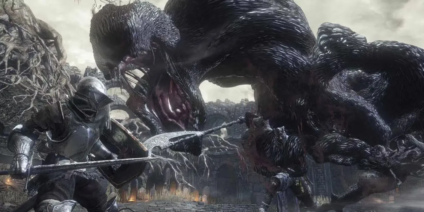 Iudex Gundyr trong Dark Souls 3 ở tư thế chiến đấu hùng dũng với thanh trường đao trên tay