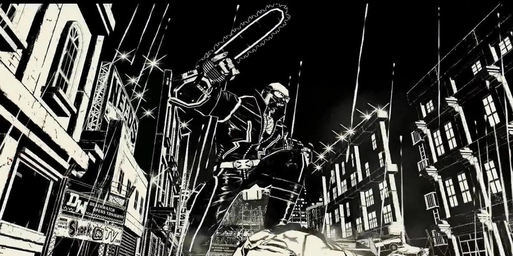 Jack cầm cưa máy trong game MadWorld trên Wii