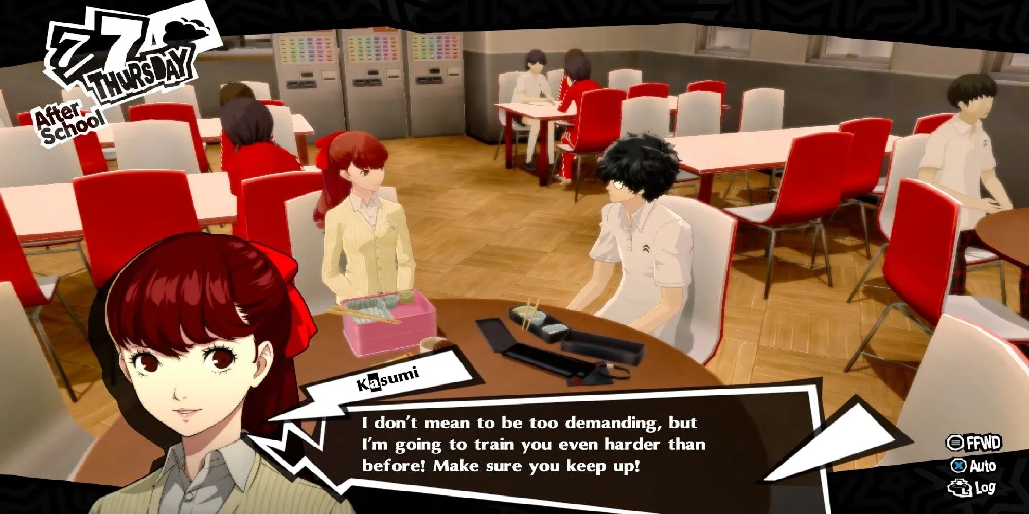 Joker (nhân vật chính của Persona 5) đang ăn trưa cùng bạn bè, minh họa khía cạnh cuộc sống học đường và xây dựng mối quan hệ trong game.