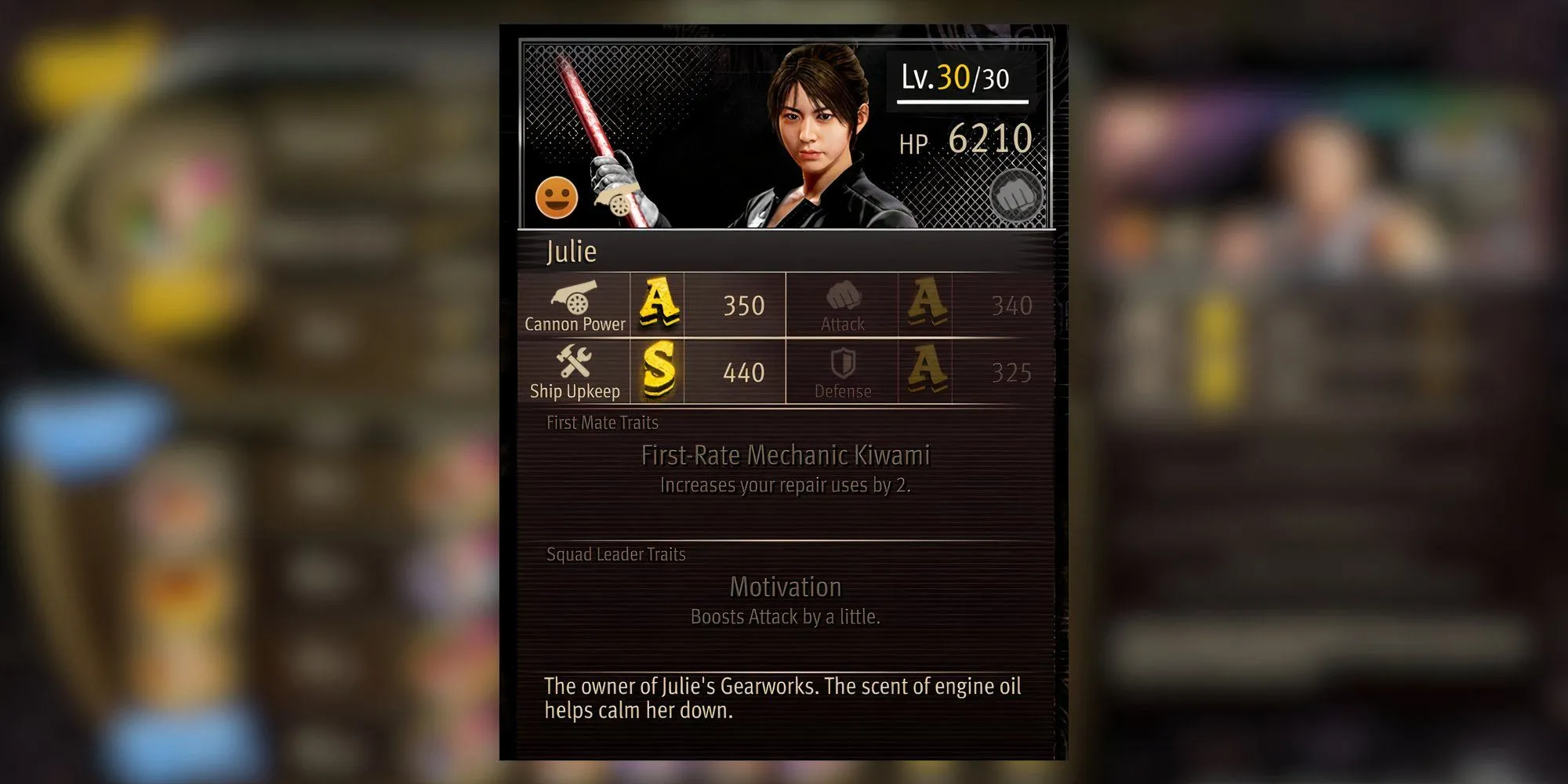 Julie, thợ máy tài năng của tàu Goromaru trong Pirate Yakuza, đang làm việc