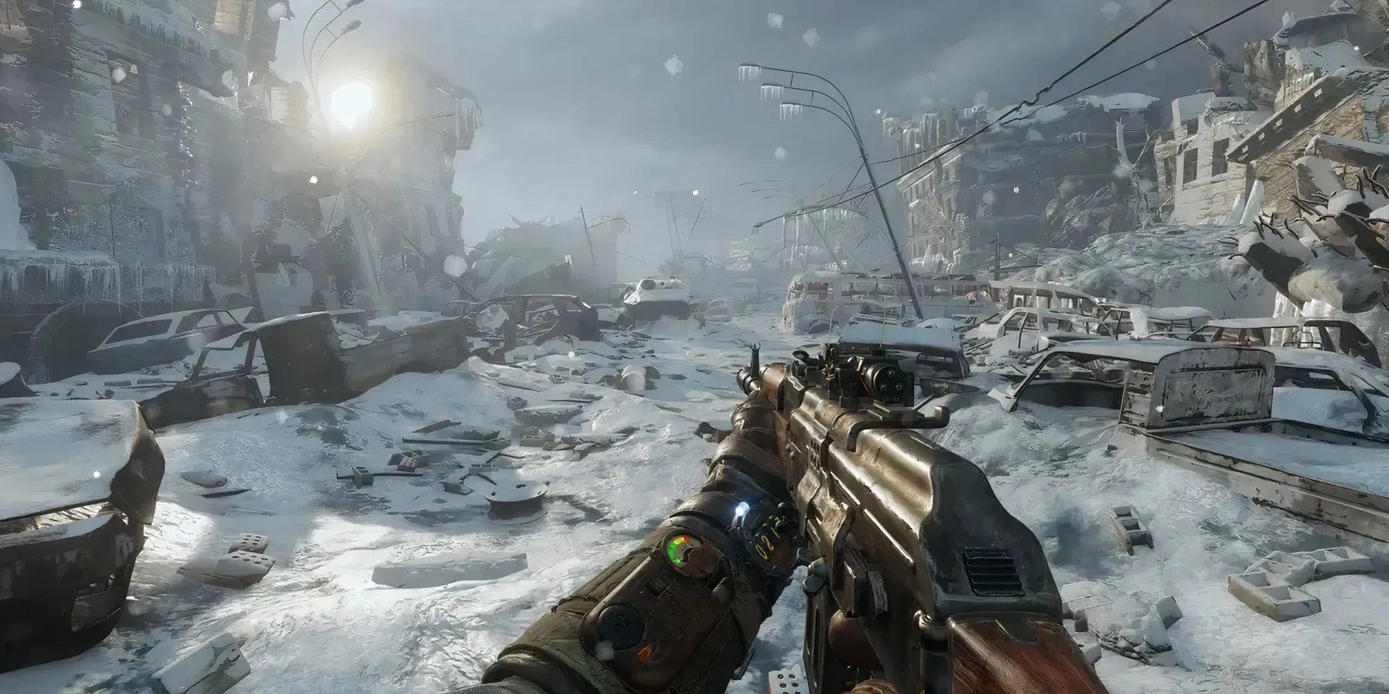 Khung cảnh hoang tàn băng giá trong Metro Exodus, thể hiện bối cảnh hậu tận thế.