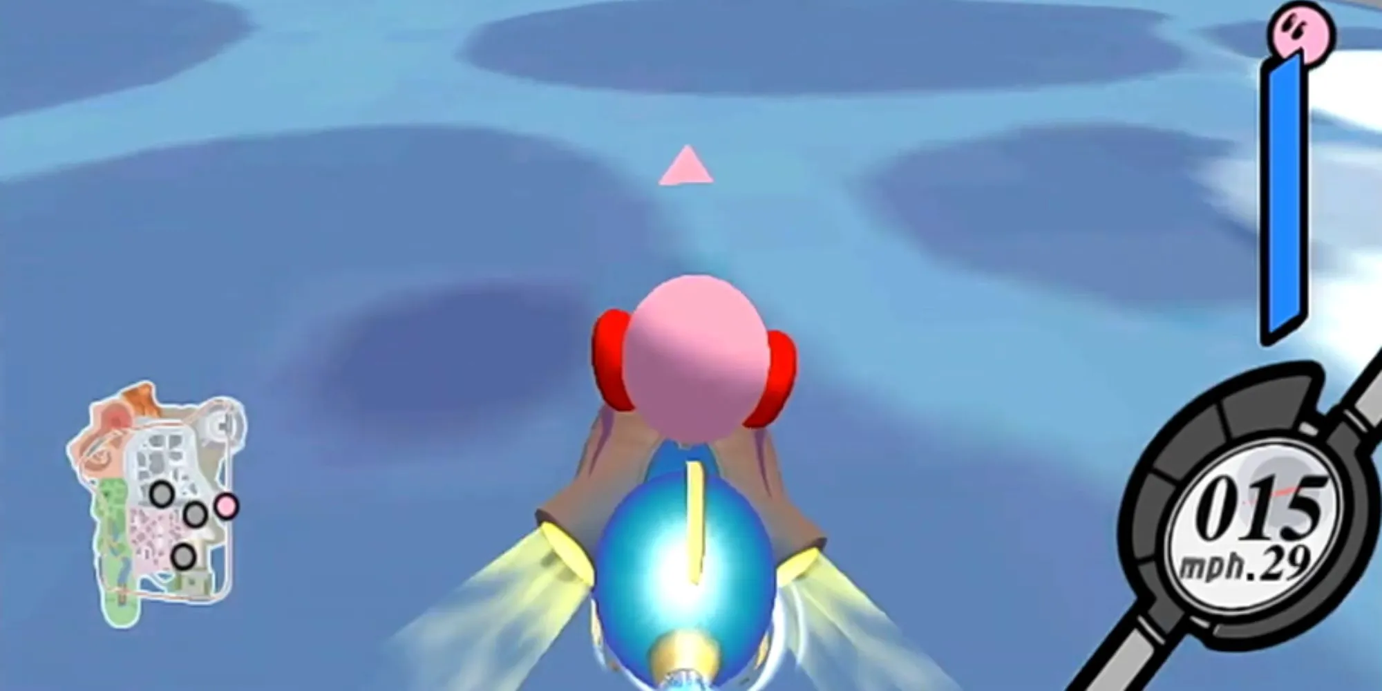 Kirby cưỡi ngôi sao trong game đua xe Kirby Air Ride đầy màu sắc