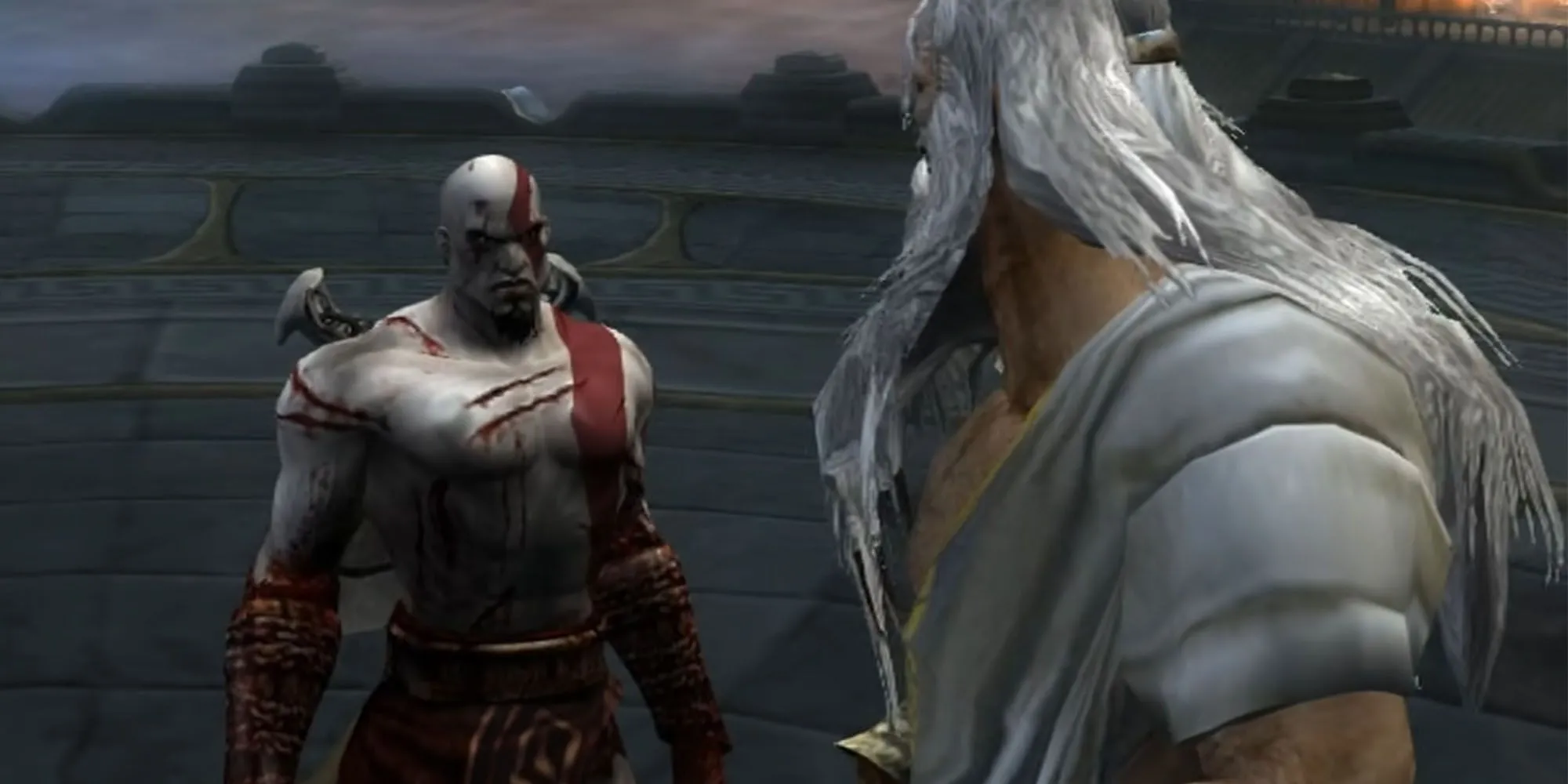 Kratos đối đầu Colossus of Rhodes trong trường đoạn mở đầu God of War 2 trên PS2