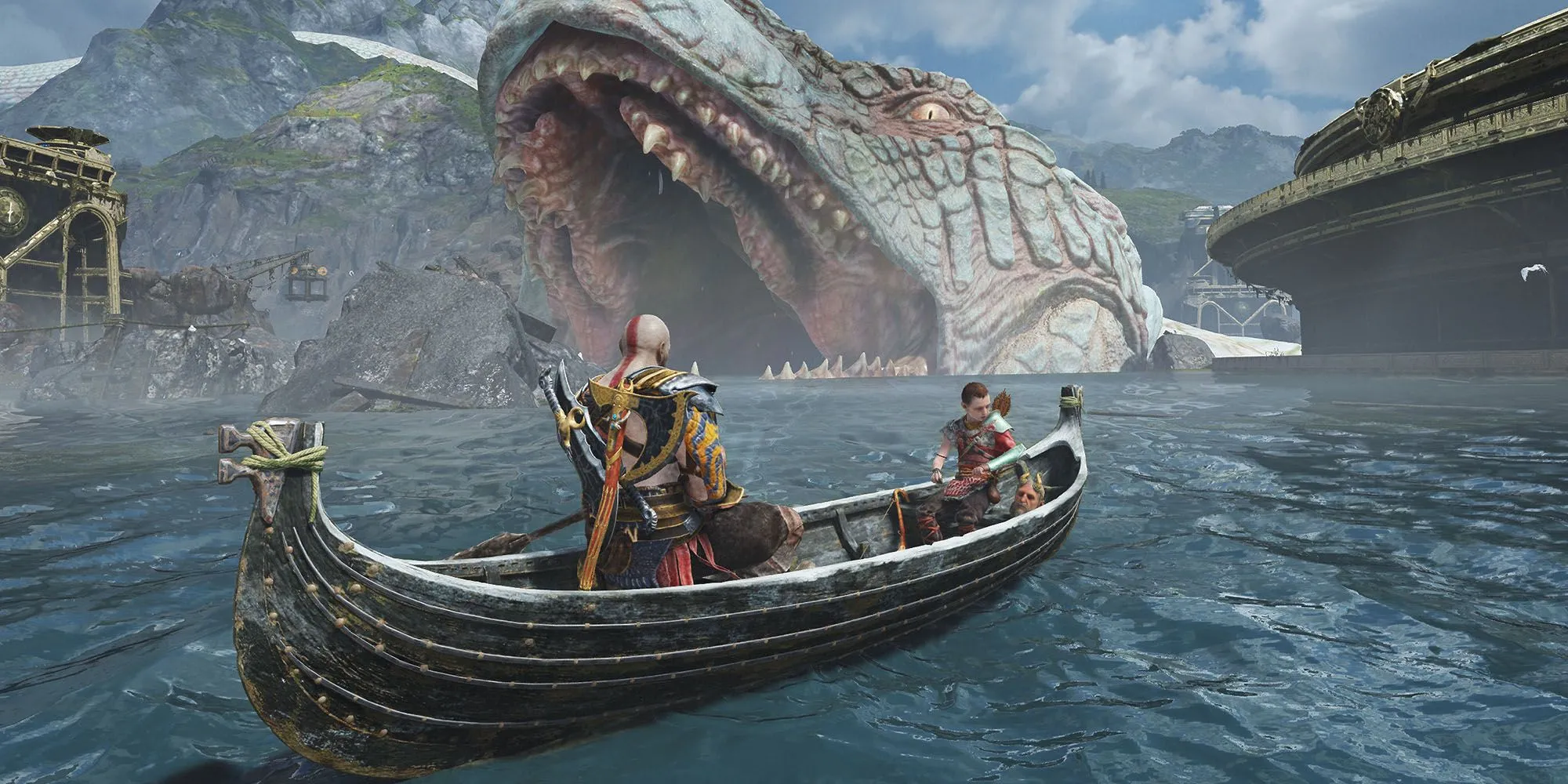 Kratos và Atreus trên thuyền khám phá thế giới Bắc Âu trong God of War 2018
