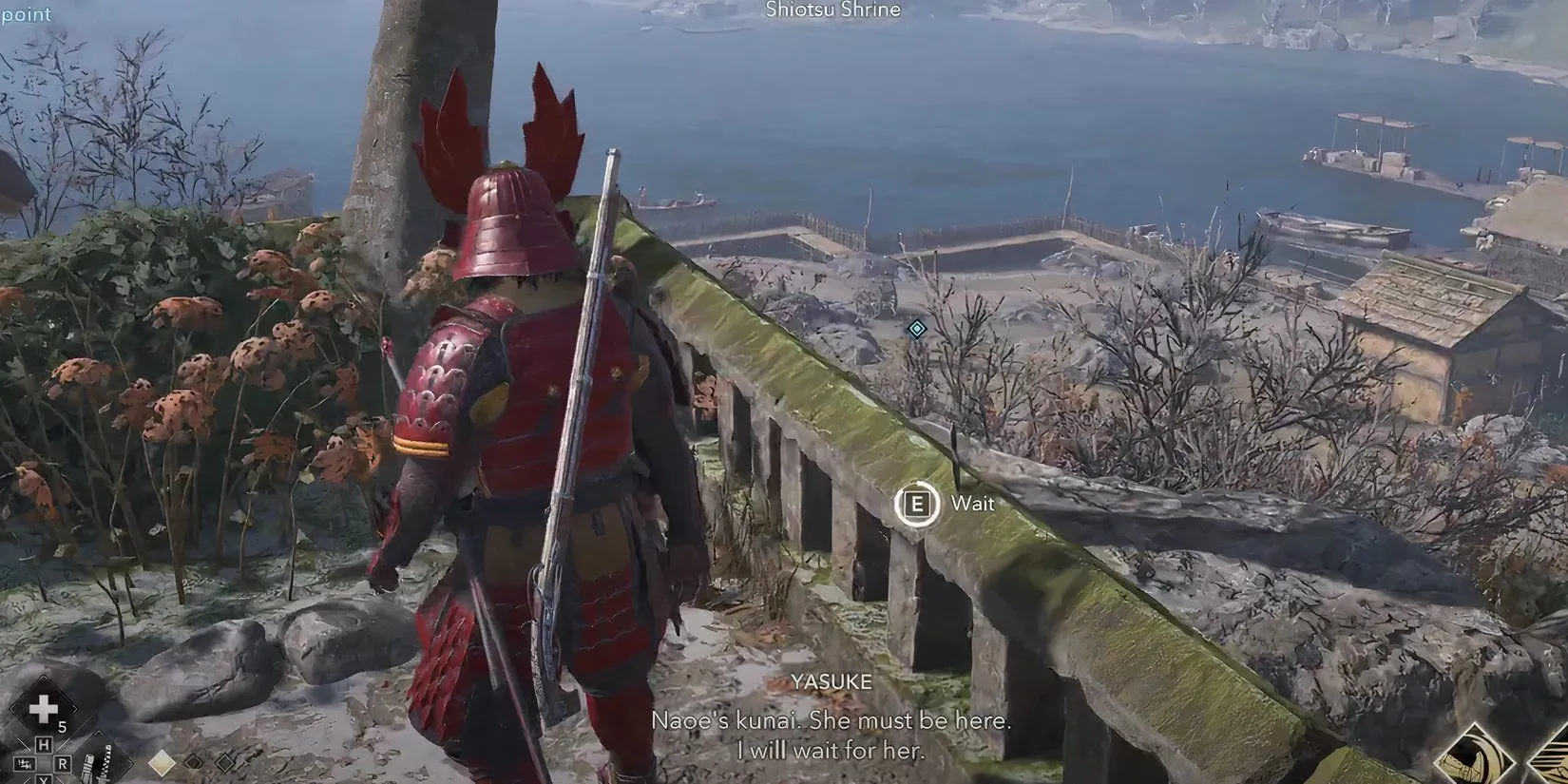 Kunai đánh dấu điểm chờ đồng minh tại ngôi đền ở Shiotsu trong nhiệm vụ &quot;The Wheel Unmasked&quot; của Assassin's Creed Shadows.