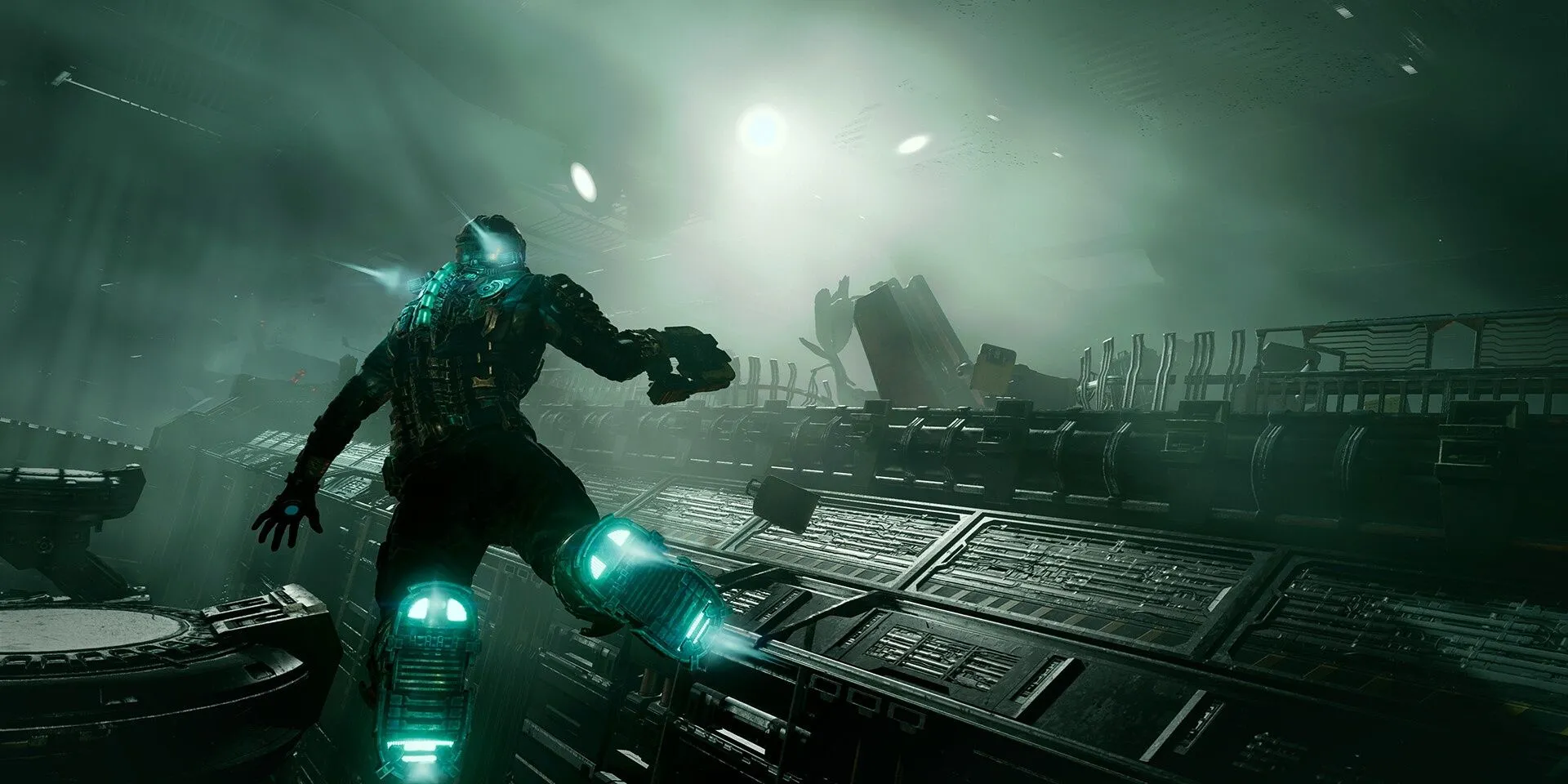 Kỹ sư Isaac Clarke lơ lửng trong môi trường không trọng lực trên tàu Ishimura trong Dead Space Remake 2023