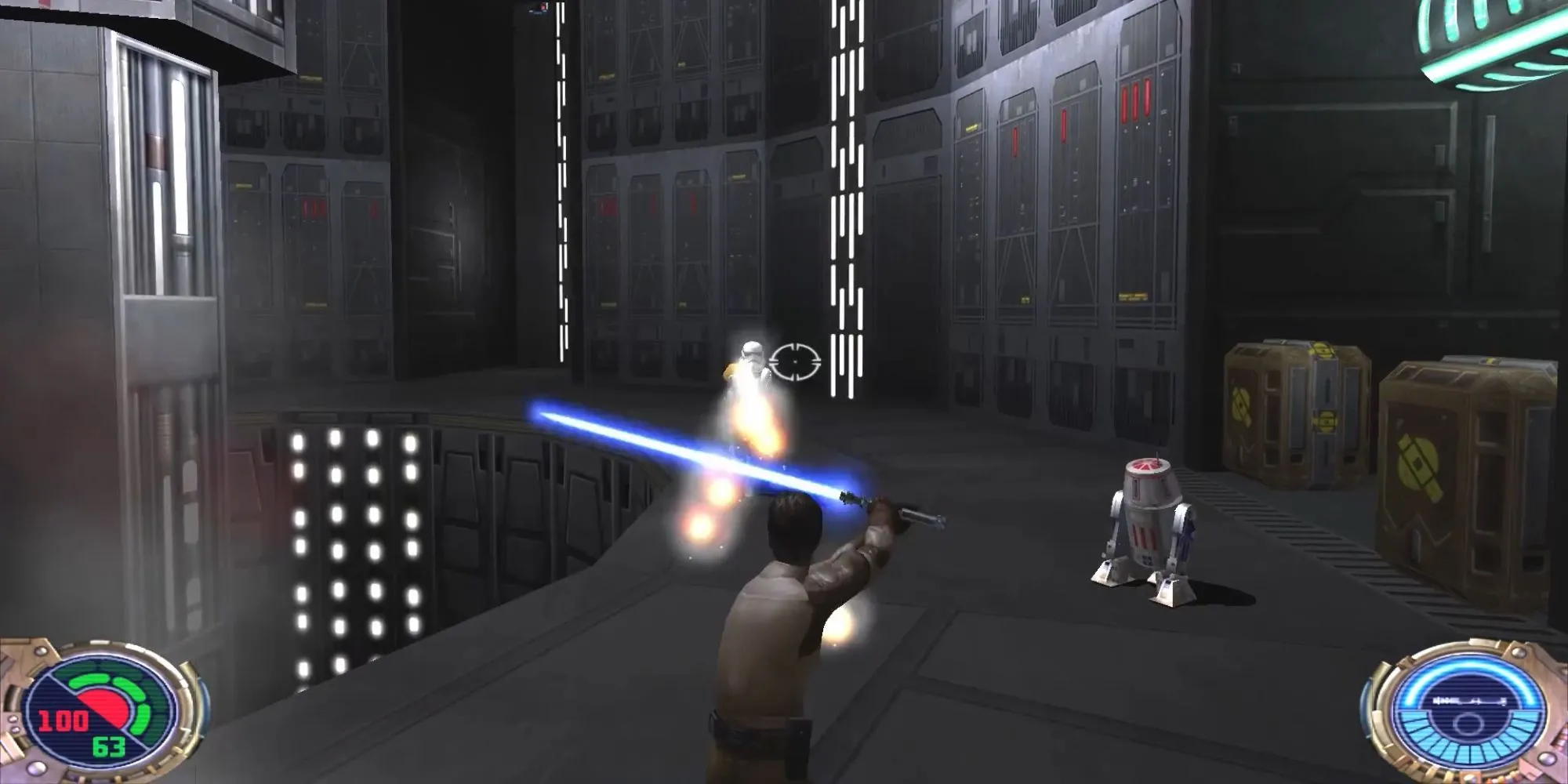 Kyle Katarn sử dụng lightsaber và Thần Lực đối đầu Stormtrooper trong demo Star Wars Jedi Knight II Jedi Outcast