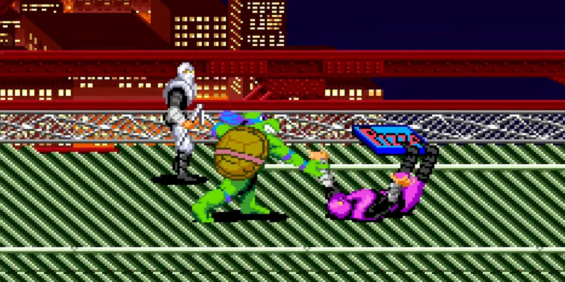 Leonardo ném tên lính Foot Soldier trong Teenage Mutant Ninja Turtles: Turtles in Time trên SNES