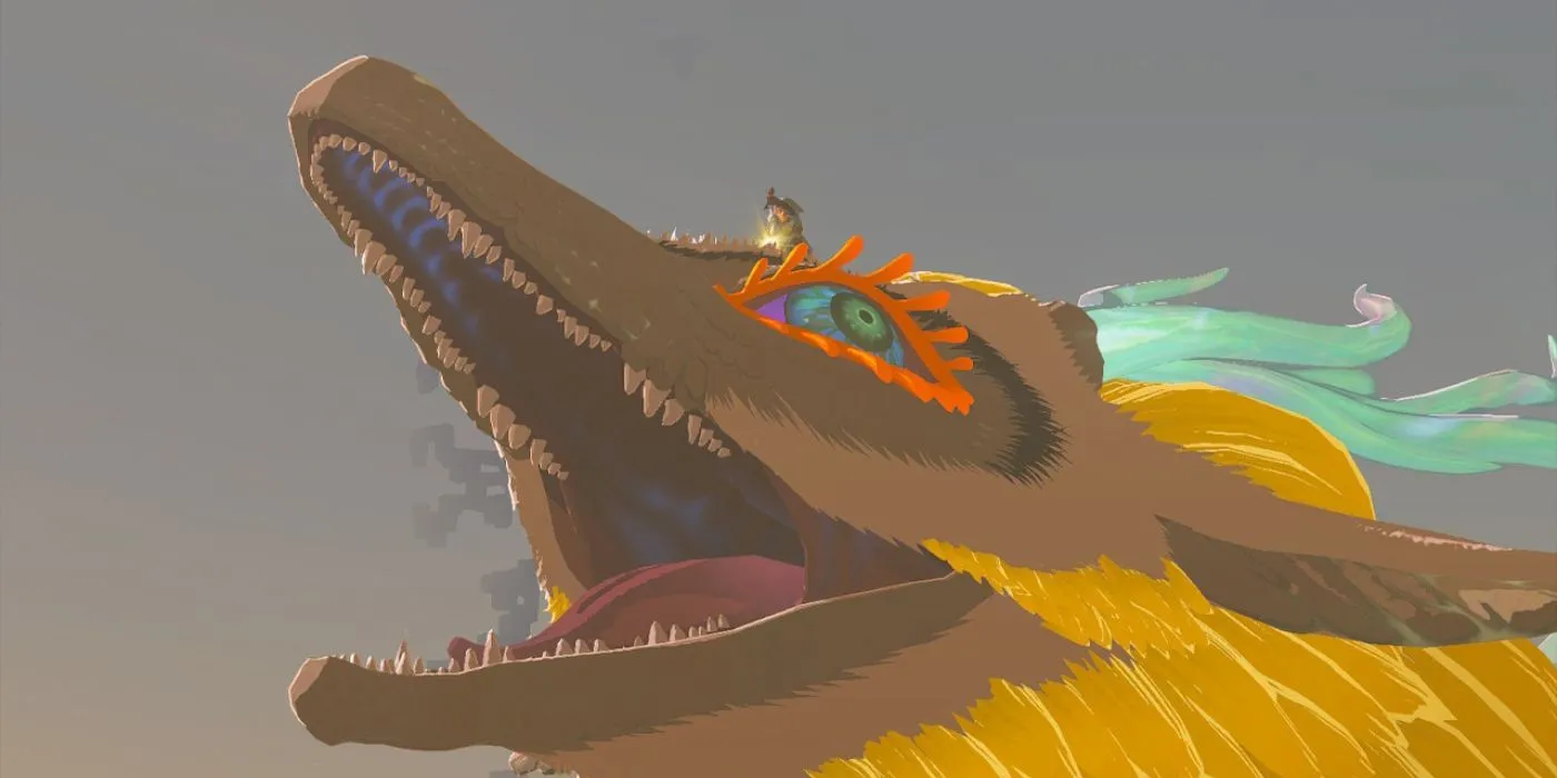 Link cưỡi Light Dragon bay trên bầu trời Hyrule trong Zelda: Tears of the Kingdom, tay cầm Master Sword