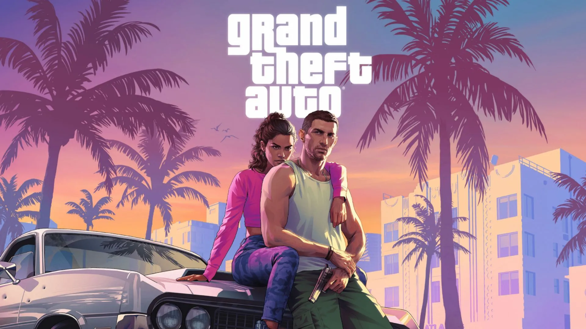 Logo chính thức của Grand Theft Auto VI trên nền trời hoàng hôn Vice City