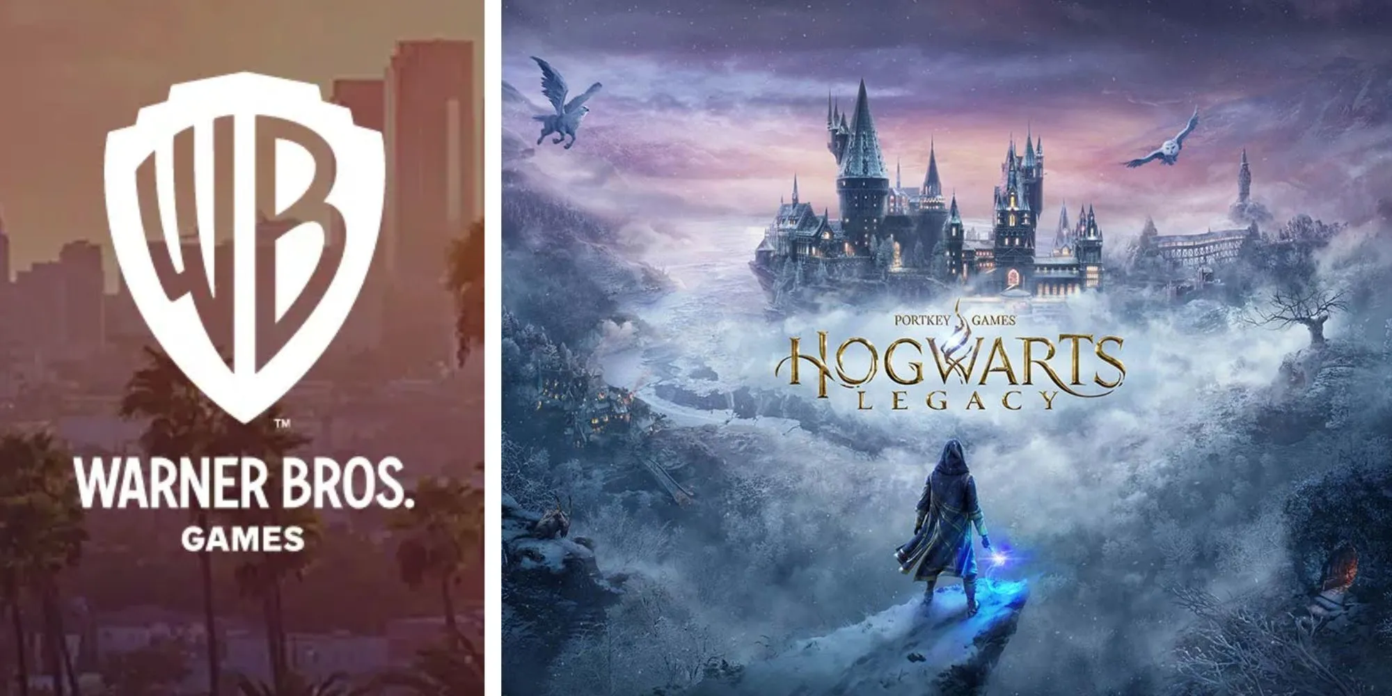 Logo game Hogwarts Legacy và logo Warner Bros., thể hiện sự hợp tác giữa nhà phát triển và nhà phát hành
