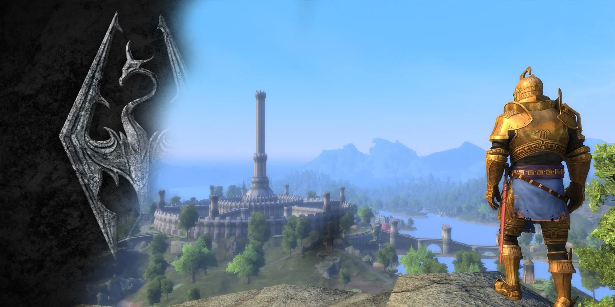 Logo Skyrim mờ dần thành nhân vật Skyblivion nhìn ra thành phố