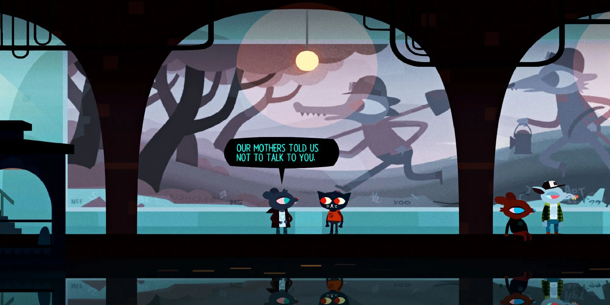 Mae (nhân vật chính Night in the Woods) đang nói chuyện với ai đó gần ga tàu điện ngầm, phản ánh bối cảnh thị trấn nhỏ và các tương tác xã hội của nhân vật.