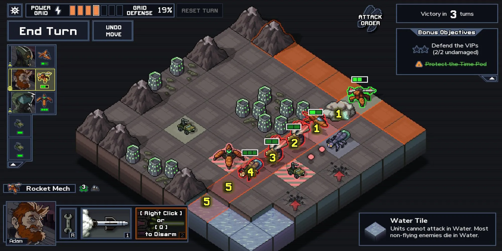 Màn hình chiến đấu theo lượt trong Into the Breach, hiển thị các robot và quái vật trên bản đồ lưới.