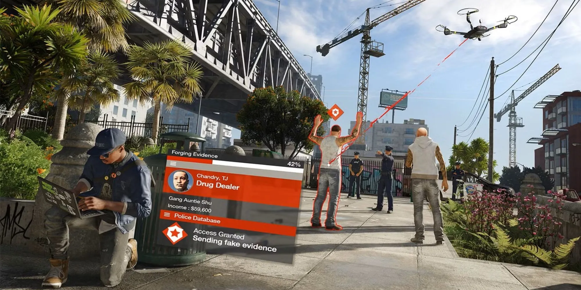 Marcus Holloway từ Watch Dogs 2 đang thực hiện thao tác hack trên điện thoại