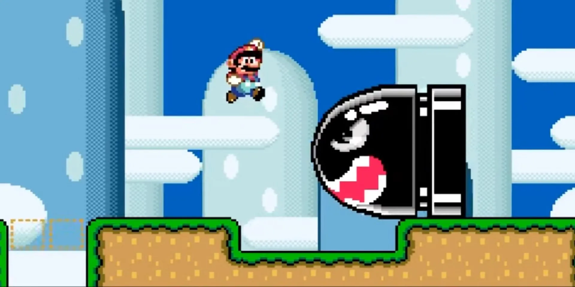 Mario nhảy qua viên đạn Banzai Bill trong Super Mario World