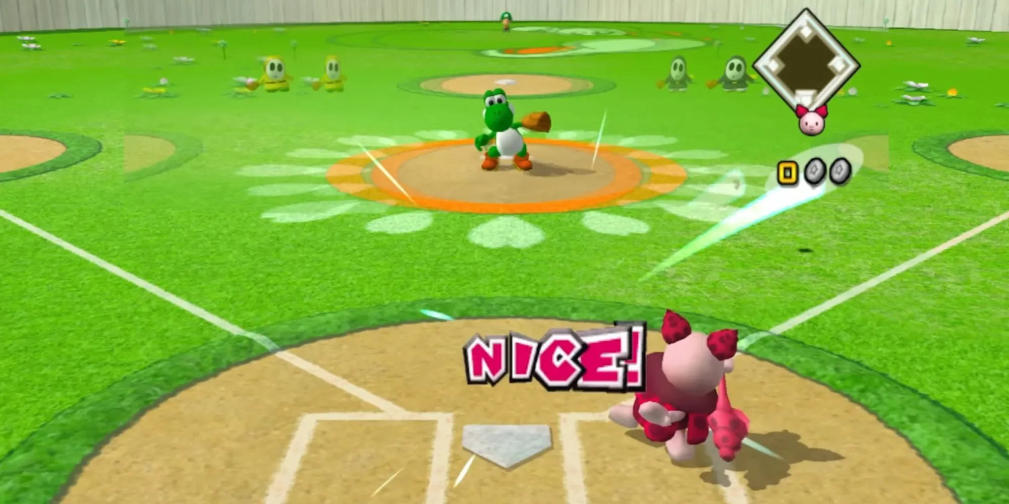 Mario và đồng đội trong một trận đấu bóng chày nảy lửa của Mario Superstar Baseball