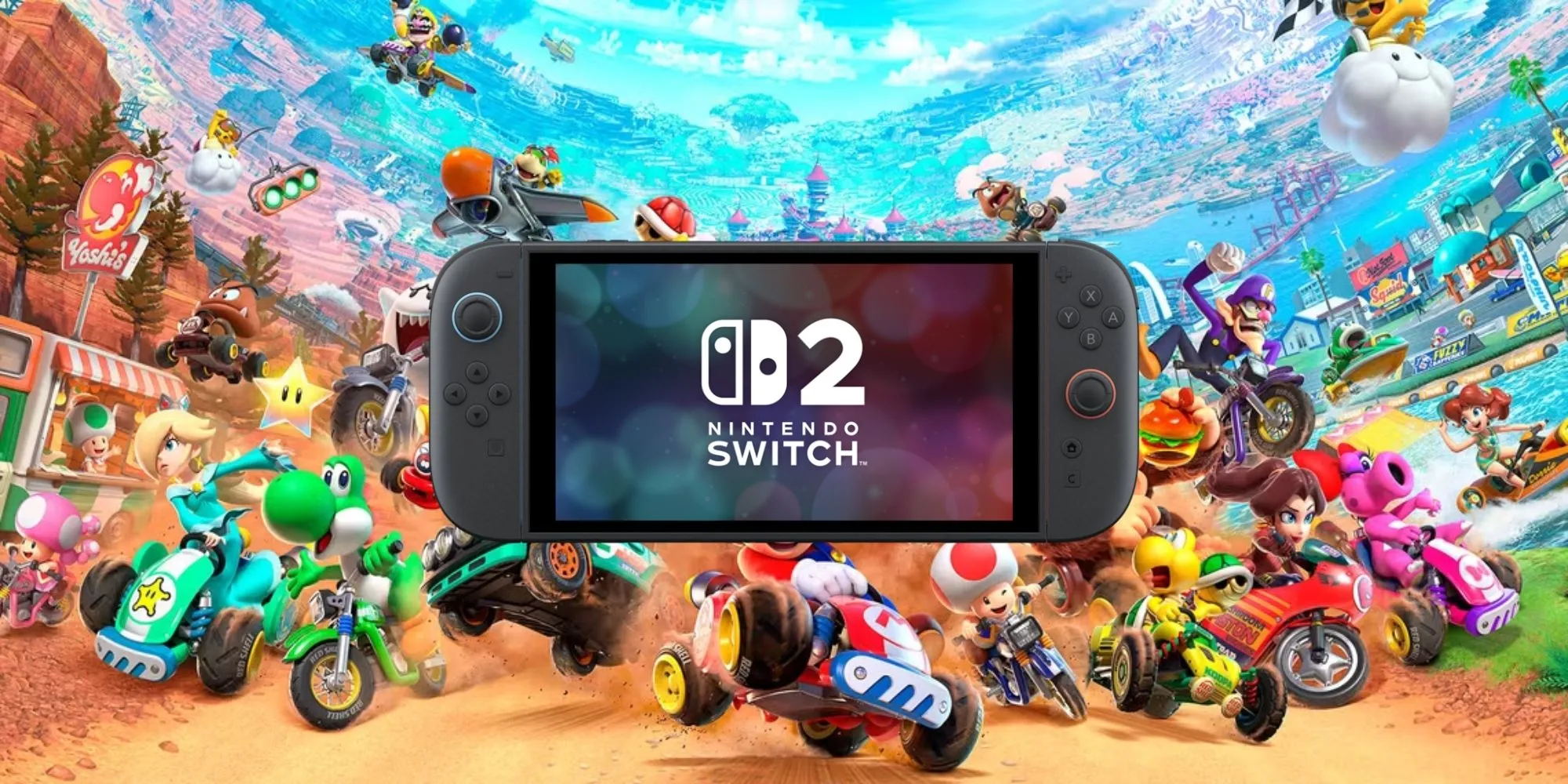 Máy chơi game Nintendo Switch 2 với hình ảnh game Mario Kart World ở phía sau.