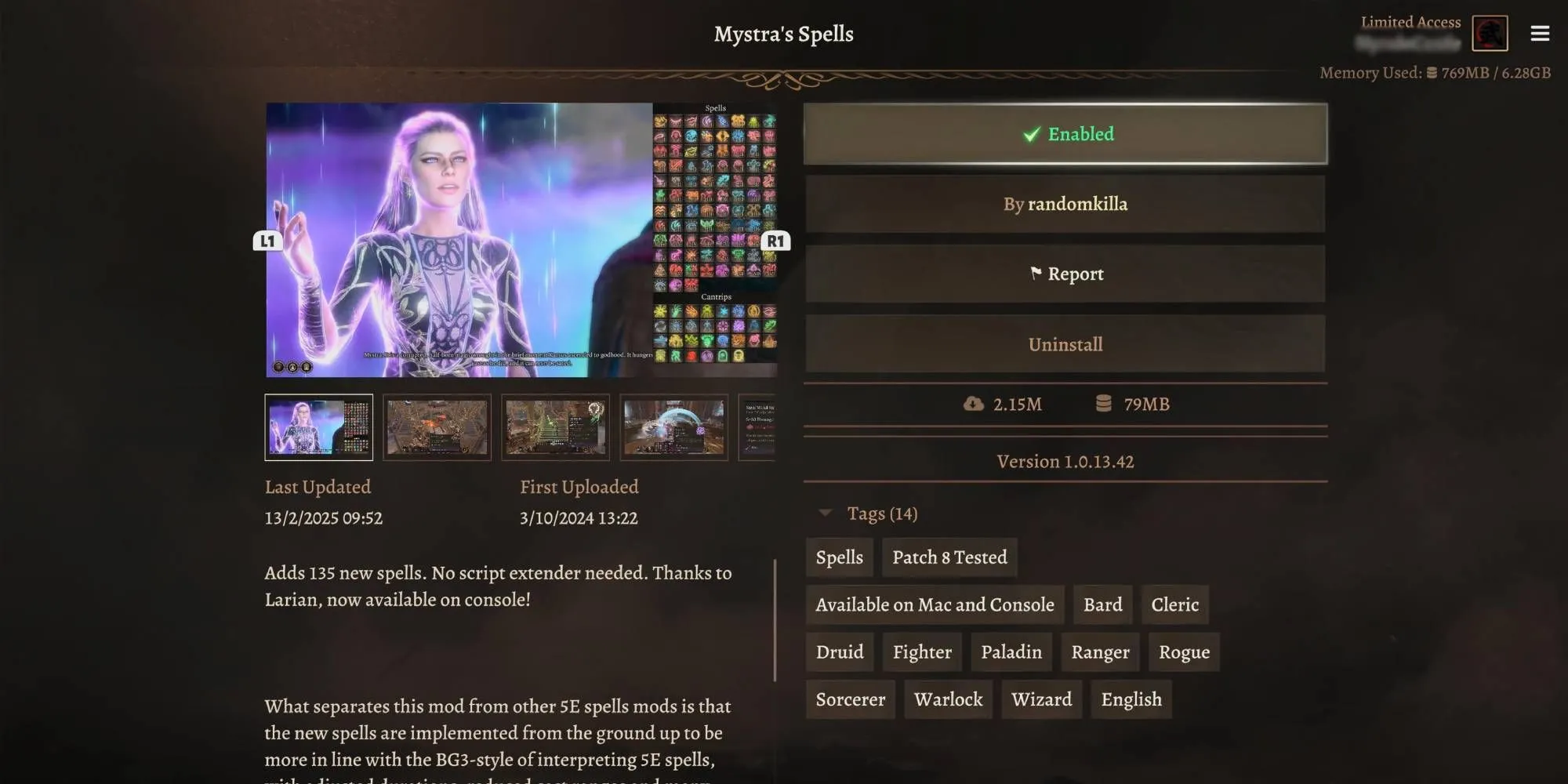 Menu lựa chọn phép thuật trong Baldur's Gate 3, hiển thị các phép bổ sung từ mod Mystra's Spells