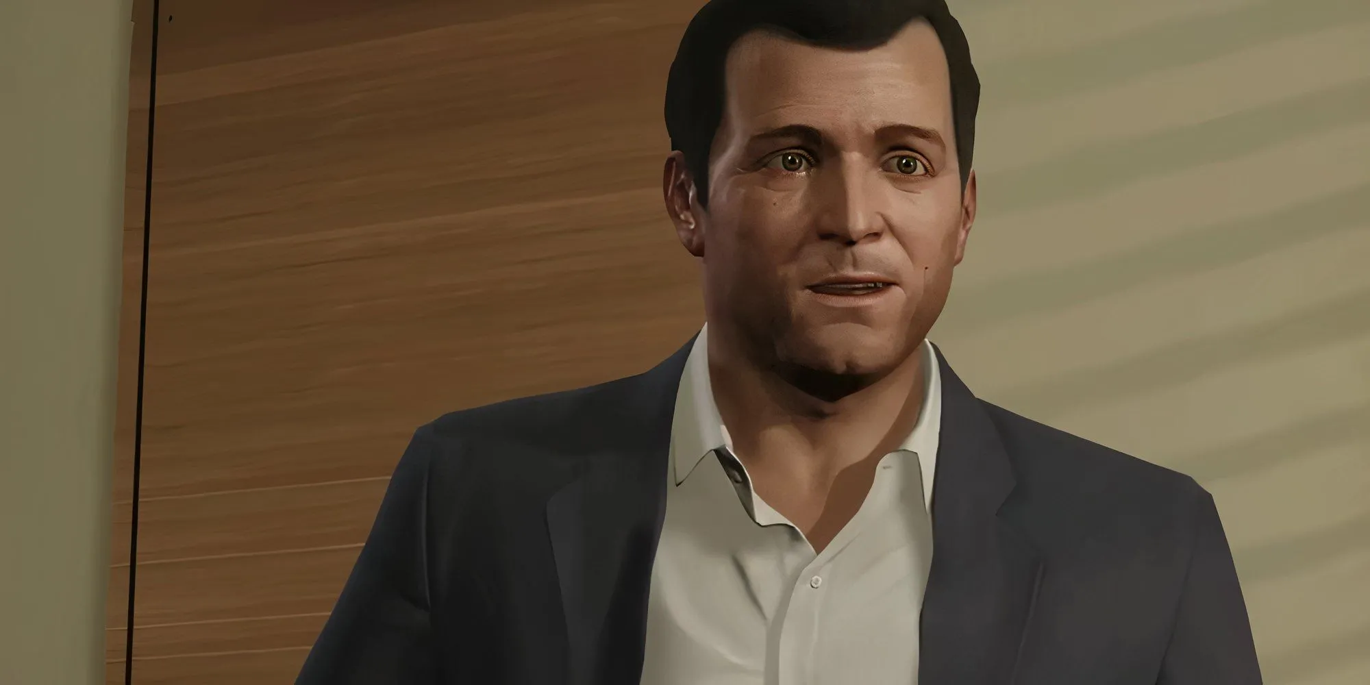 Michael De Santa GTA V đứng dựa tường với vẻ mặt suy tư