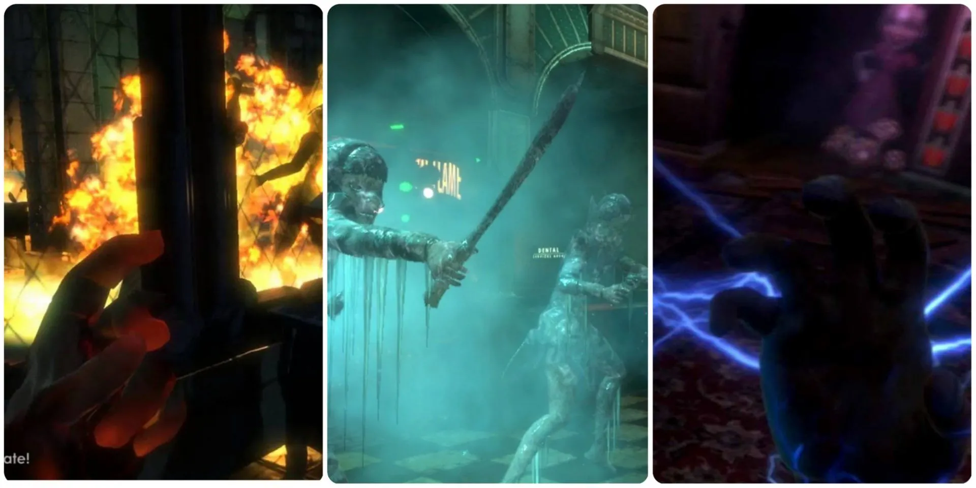 Minh họa một số Plasmids phổ biến như Incinerate, Winter's Blast và Electro Bolt trong series BioShock