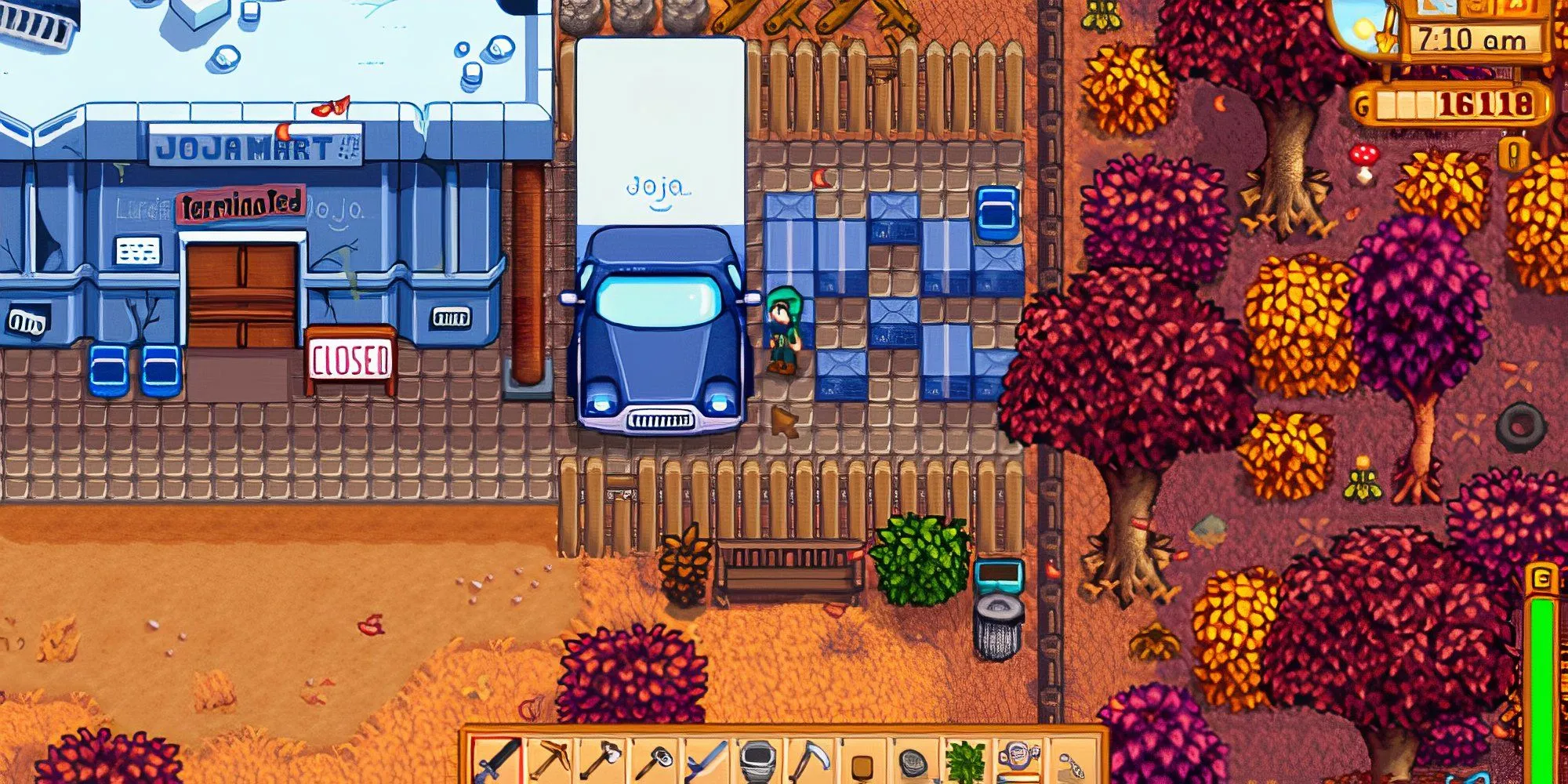 Morris, đại diện của JojaMart, đứng trong cửa hàng tiện lợi Joja tại Stardew Valley