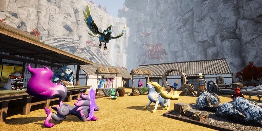 Một căn cứ của người chơi trong Palworld với nhiều Pal xung quanh, minh họa bối cảnh game.