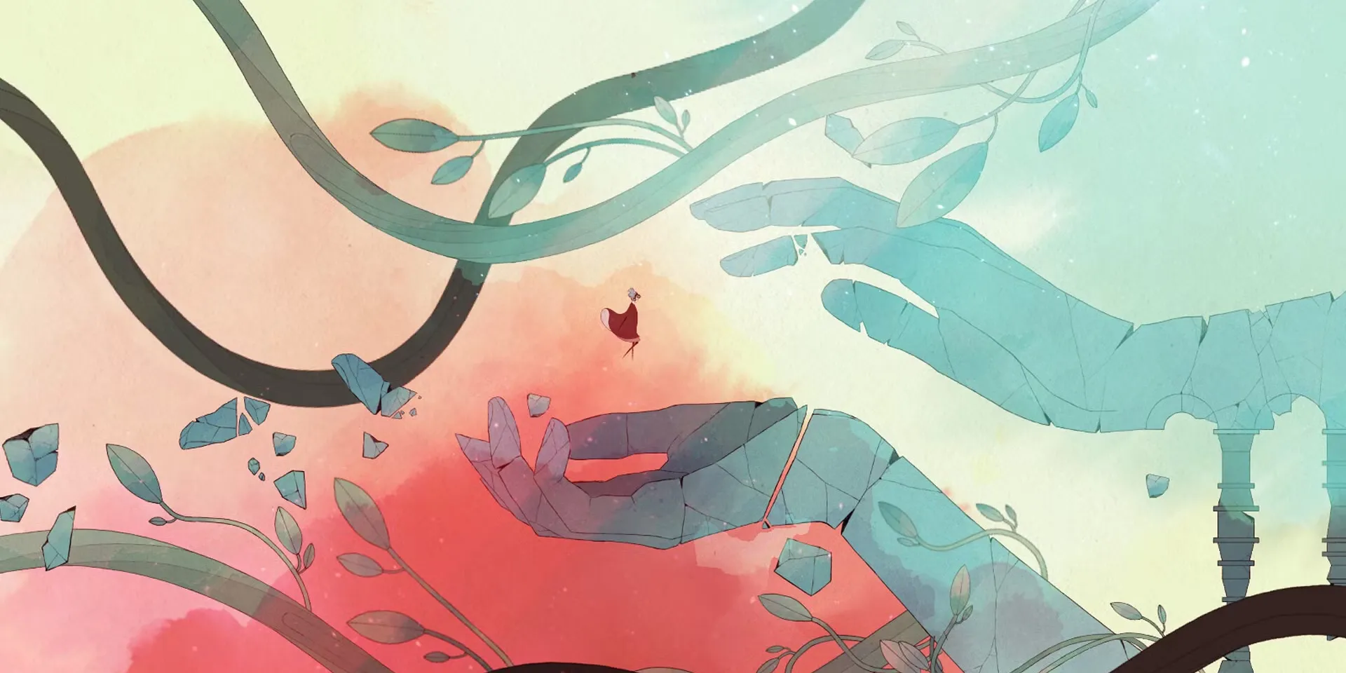 Một cảnh gameplay đầy màu sắc và phong cách nghệ thuật độc đáo trong game GRIS, thể hiện nhân vật nữ chính đang đứng giữa một cảnh quan trừu tượng