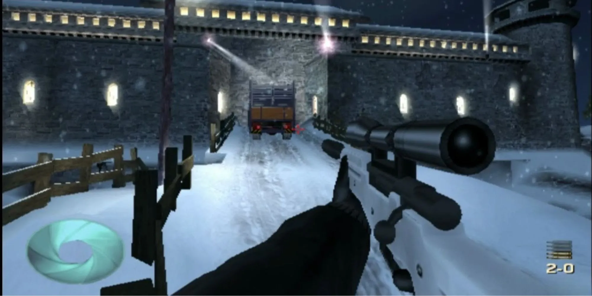 Một cảnh hành động trong game James Bond 007: Nightfire trên PS2, thể hiện góc nhìn thứ nhất và môi trường game.