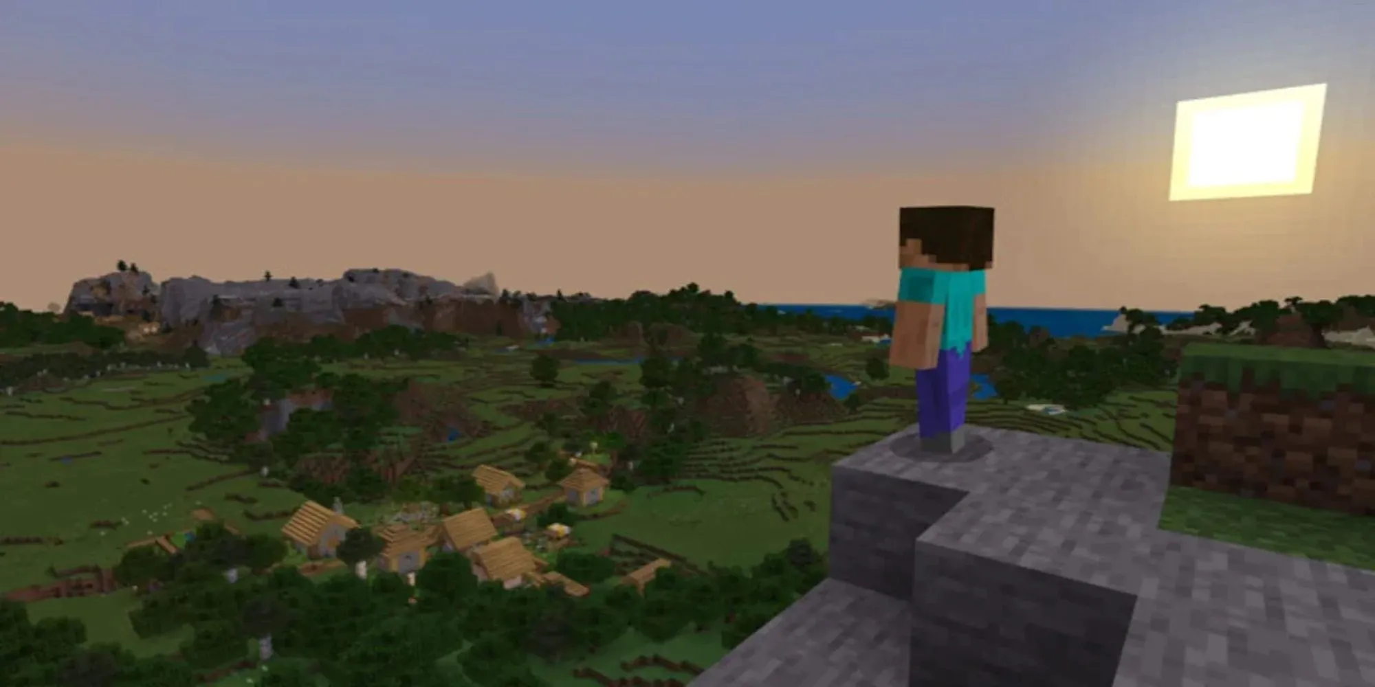 Một cảnh quan trong Minecraft với các khối đất, đá và cây cối đặc trưng