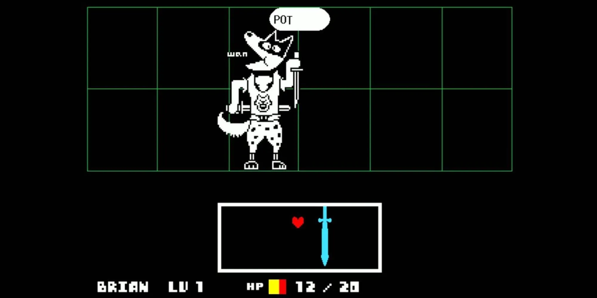 Một chú chó mặc áo không tay cầm dao găm với bong bóng thoại phía trên đầu trong Undertale