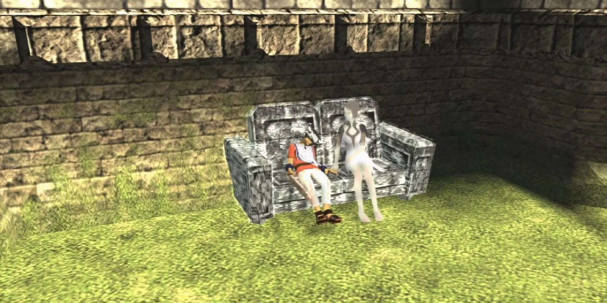 Một điểm lưu game trong Ico trên PS2, thể hiện phong cách nghệ thuật độc đáo và không khí trầm lắng.