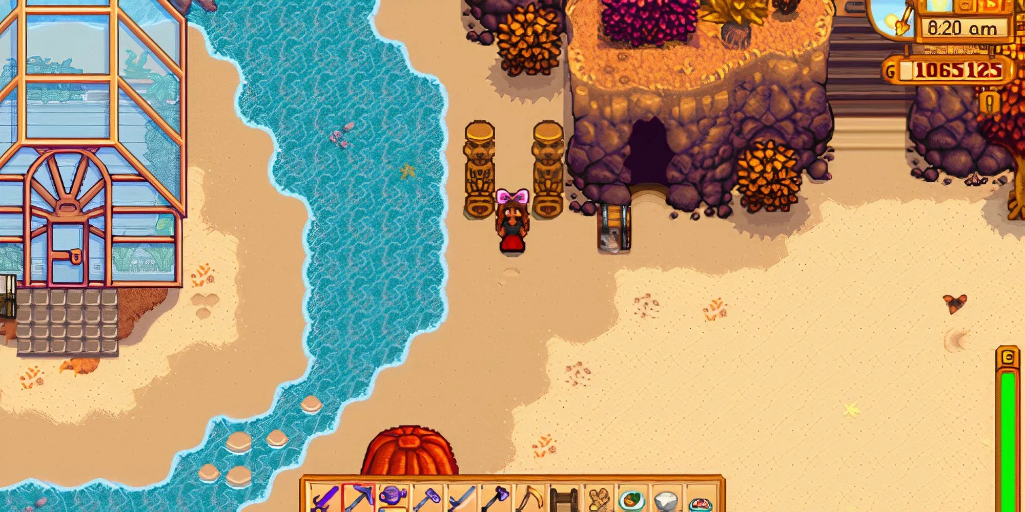 Một góc nông trại Bãi Biển trong Stardew Valley với nhà kho và khu vực nuôi ong