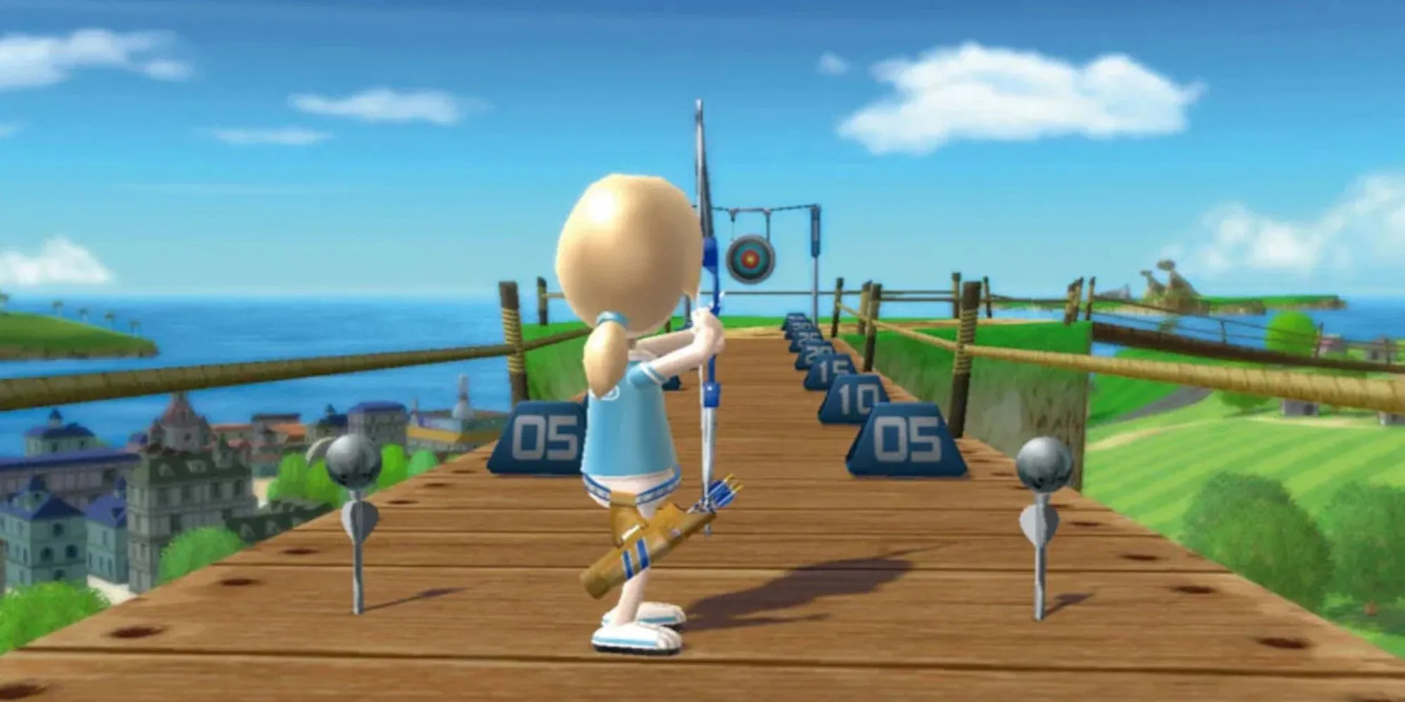 Một nhân vật Mii nhắm cung tên vào mục tiêu bắn cung trong Wii Sports Resort.