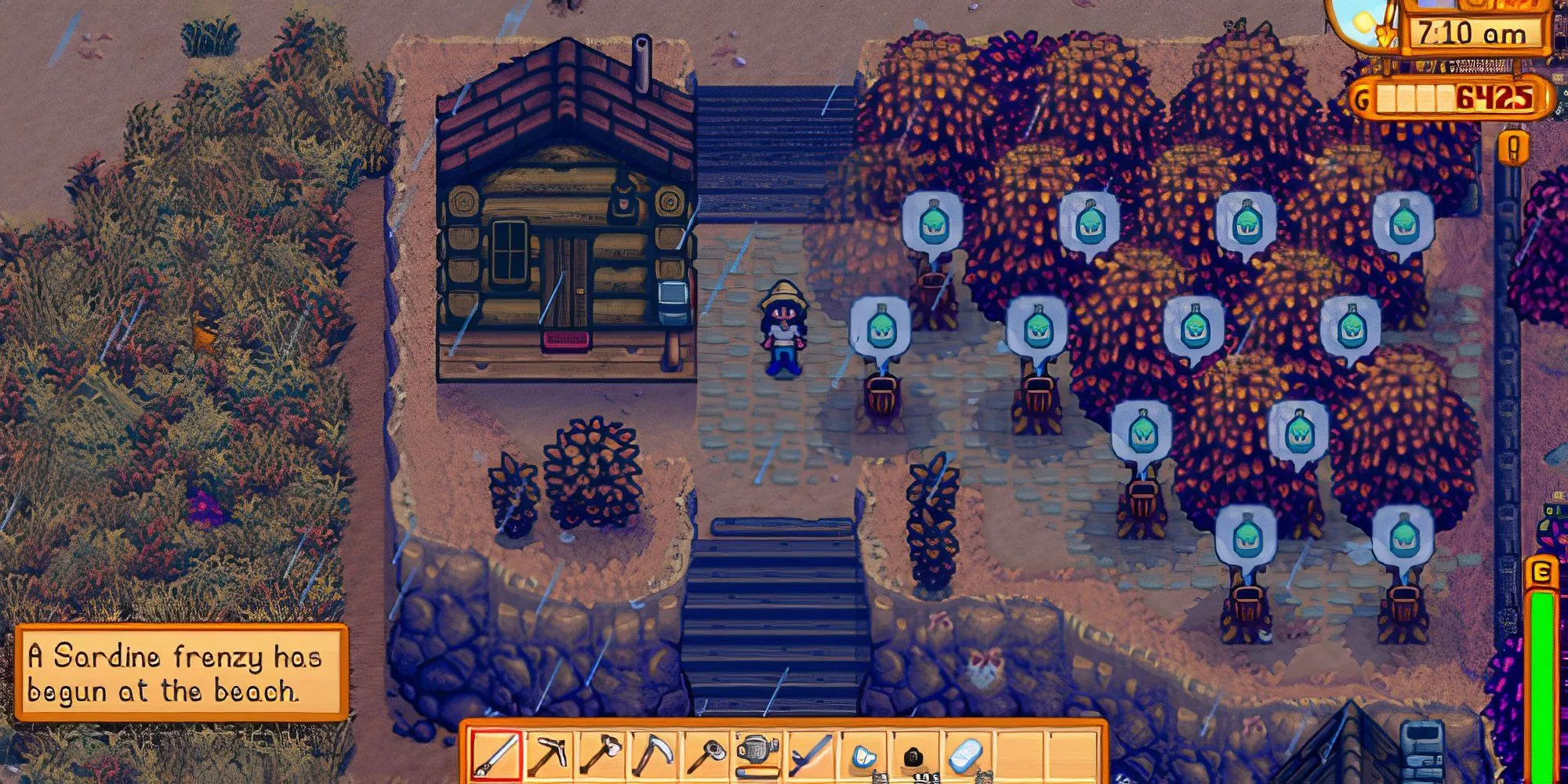 Một nông trại Stardew Valley được trang trí theo chủ đề thẩm mỹ với nhiều cây cối và đường đi lát đá