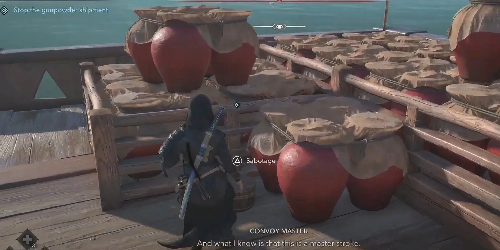 Naoe đặt thuốc nổ để phá hoại con tàu trong nhiệm vụ &quot;Nagahama Black Powder&quot; của Assassin's Creed Shadows.