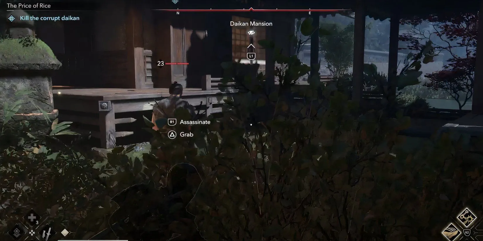 Naoe thực hiện ám sát lén lút Daikan tham nhũng trong nhiệm vụ &quot;The Price of Rice&quot; của Assassin's Creed Shadows.