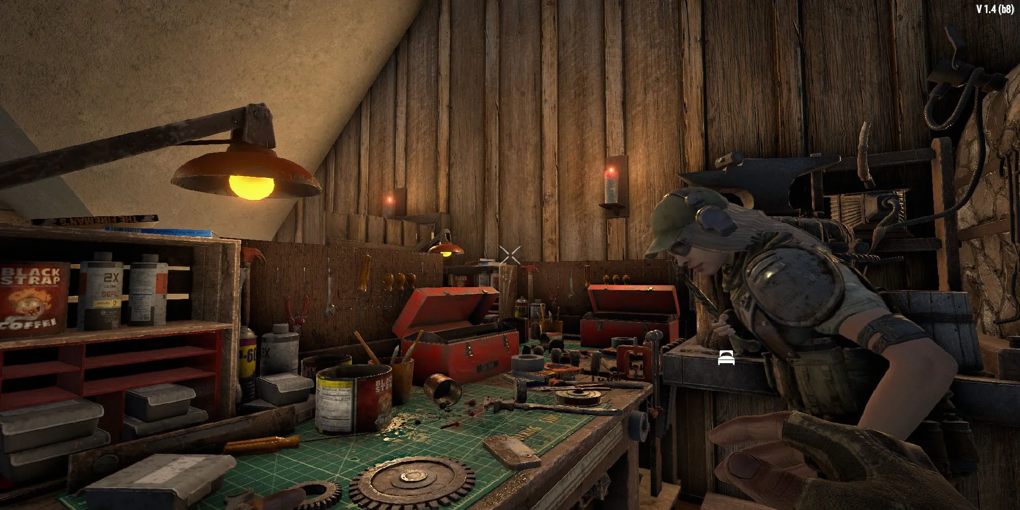 Người chơi 7 Days to Die với perk Advanced Engineering đang làm việc tại bàn chế tạo