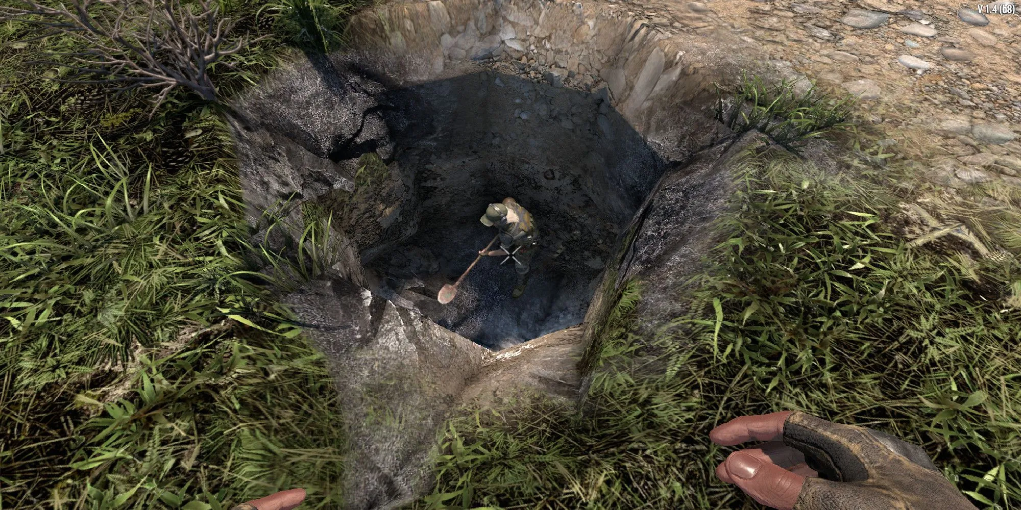 Người chơi 7 Days to Die với perk Treasure Hunter đang đào tìm kho báu