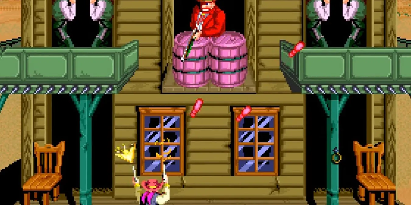 Người chơi chiến đấu với boss Simon Greedwell trong game bắn súng miền Tây Sunset Riders trên SNES
