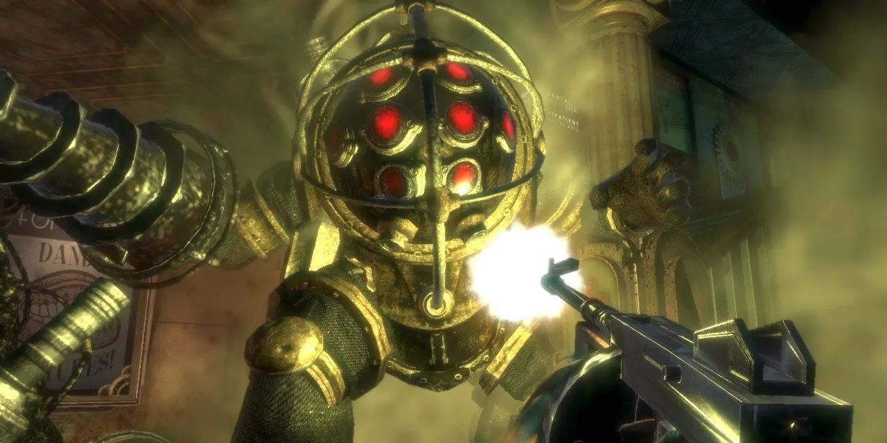 Người chơi sử dụng súng tiểu liên chống lại Big Daddy mạnh mẽ trong game BioShock