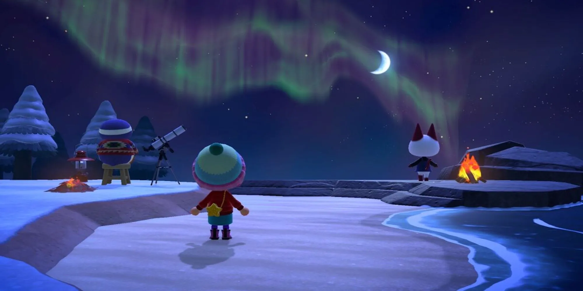 Người chơi và dân làng cùng nhau ngắm sao băng trên bầu trời đêm yên bình của Animal Crossing New Horizons