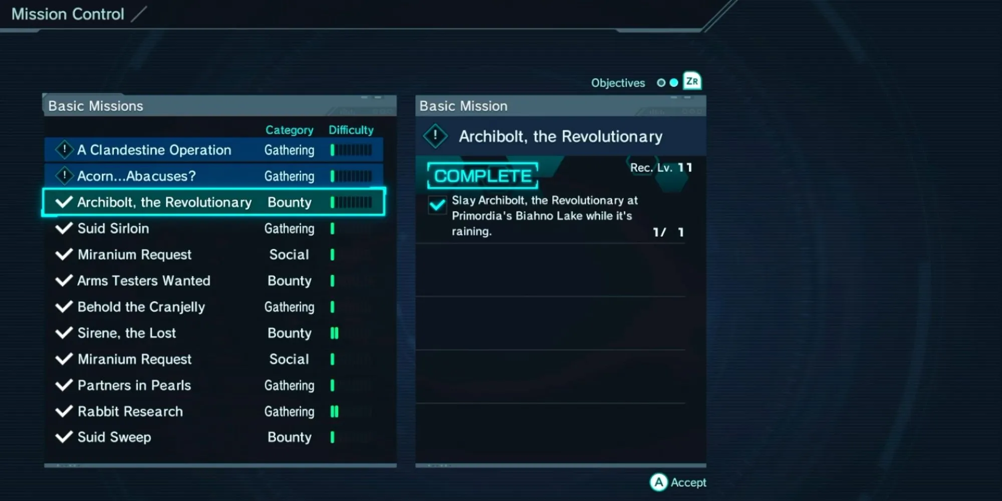 Nhận Nhiệm vụ Cơ bản (Basic Mission) tại bảng điều khiển trong Xenoblade Chronicles X DE