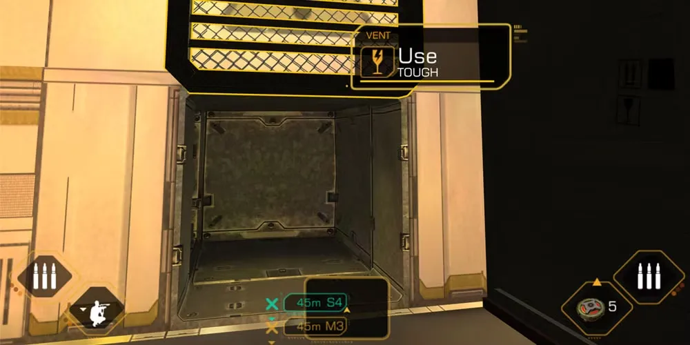 Nhân vật Adam Jensen nhìn qua một ống thông gió trong Deus Ex Human Revolution